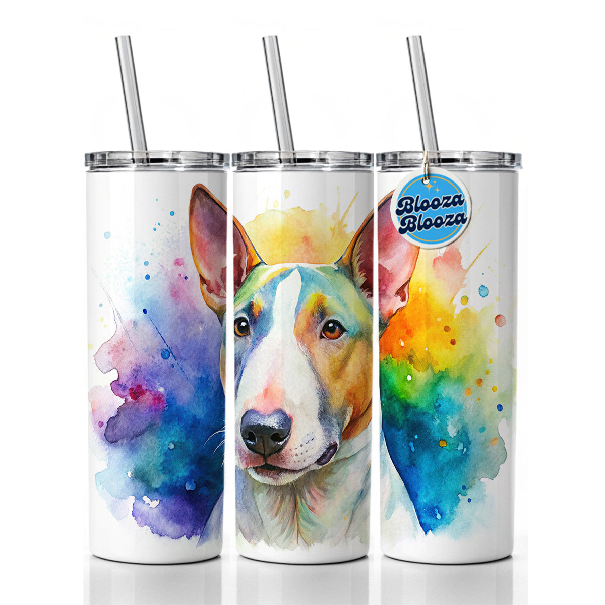 Bull Terrier Dog Watercolor Style Skinny Tumbler 20oz with Straw Insulated Water Bottle Gift