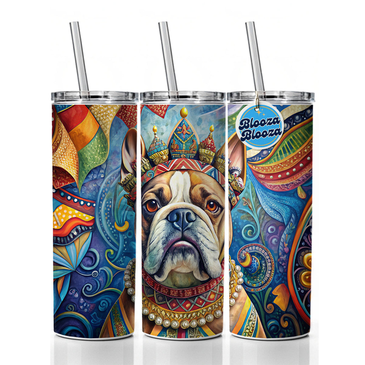 Bulldog Dog French Bohemian Art Skinny Tumbler 20oz with Straw Insulated Water Bottle Gift