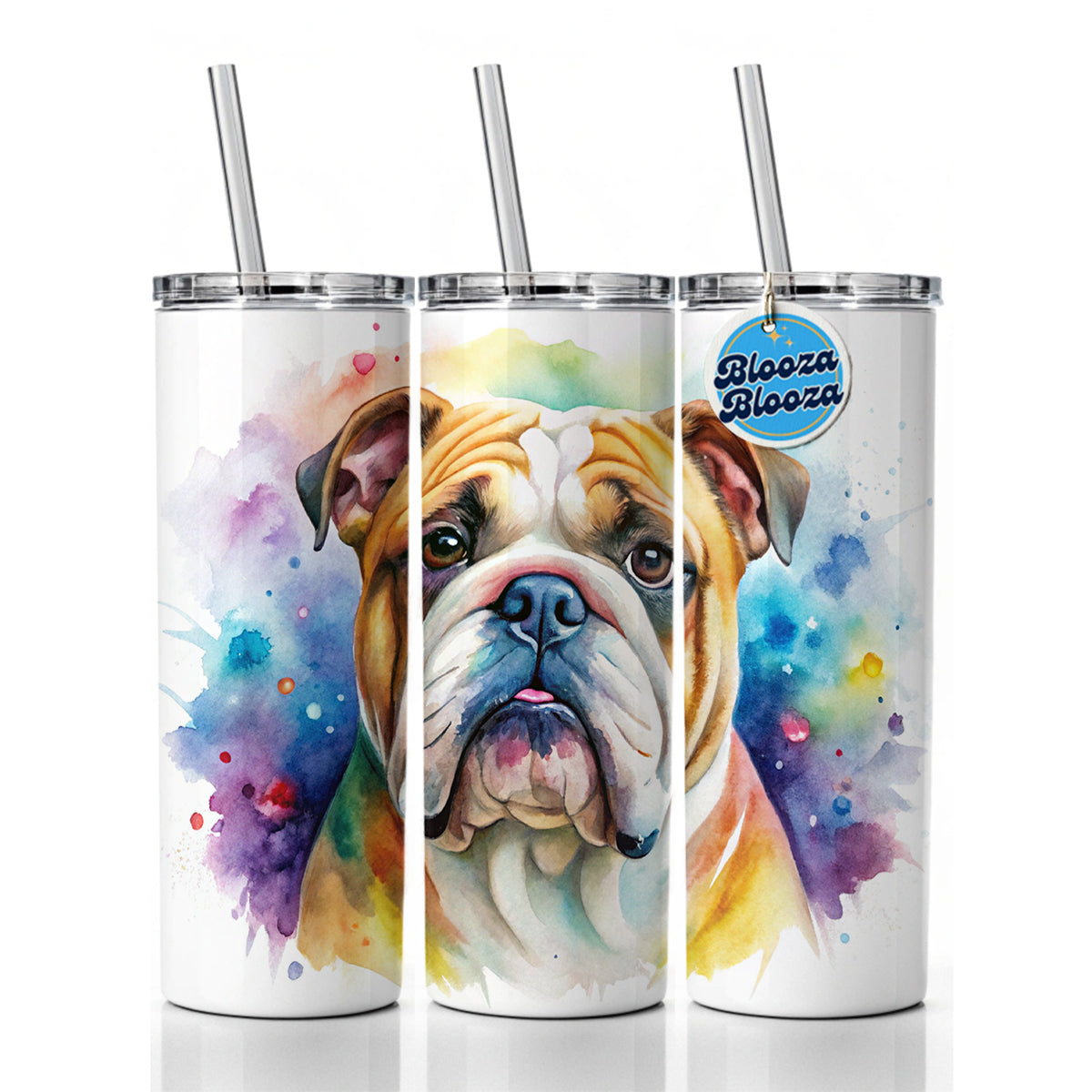 Bulldog Dog Watercolor Style Skinny Tumbler 20oz with Straw Insulated Water Bottle Gift