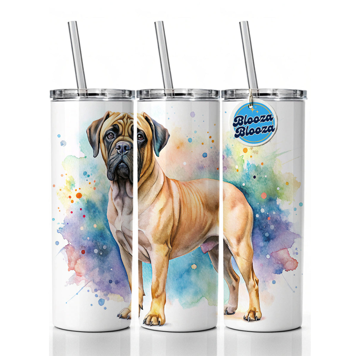 Bullmastiff Dog Watercolor Style Skinny Tumbler 20oz with Straw Insulated Water Bottle Gift