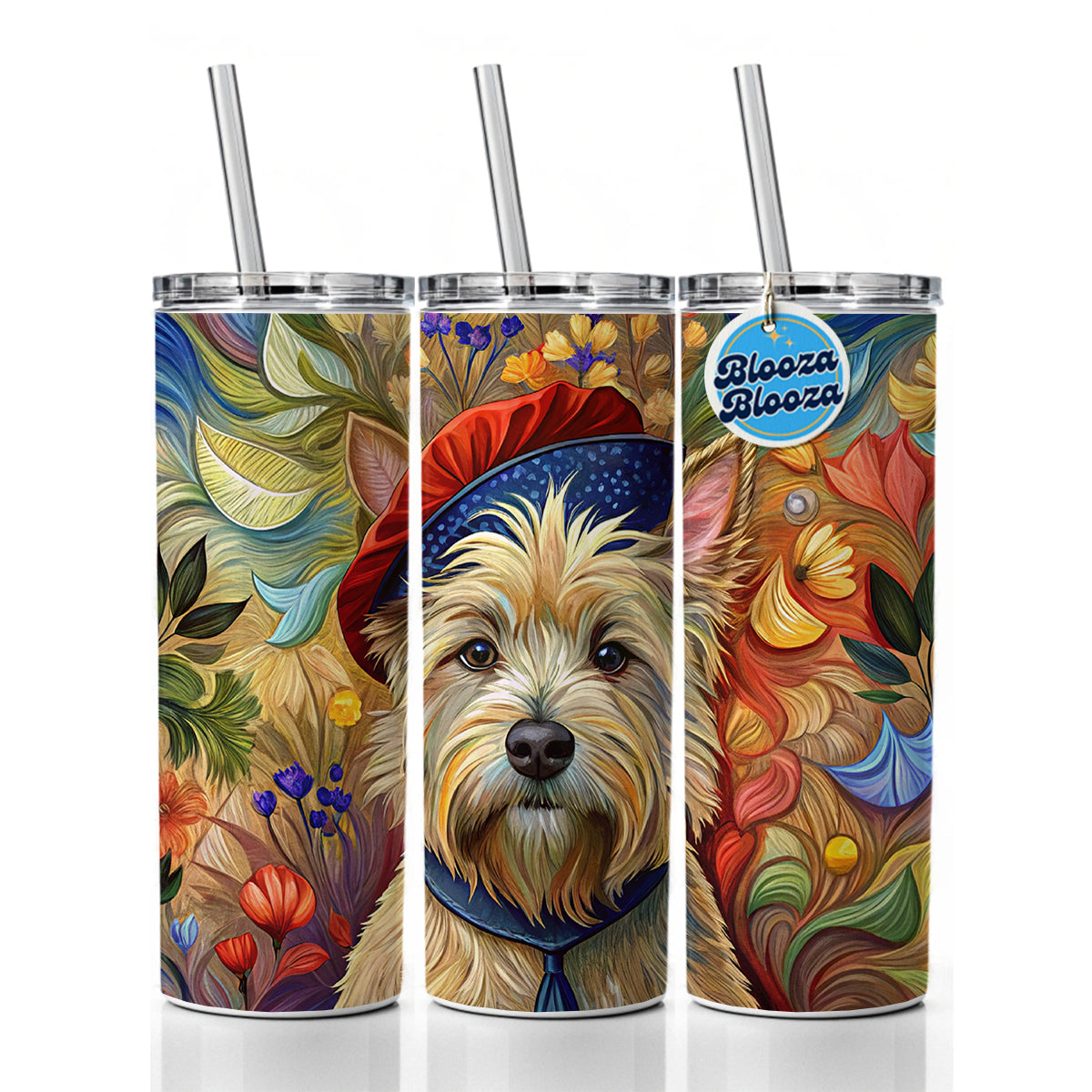 Cairn Terrier Dog French Bohemian Art Skinny Tumbler 20oz with Straw Insulated Water Bottle Gift