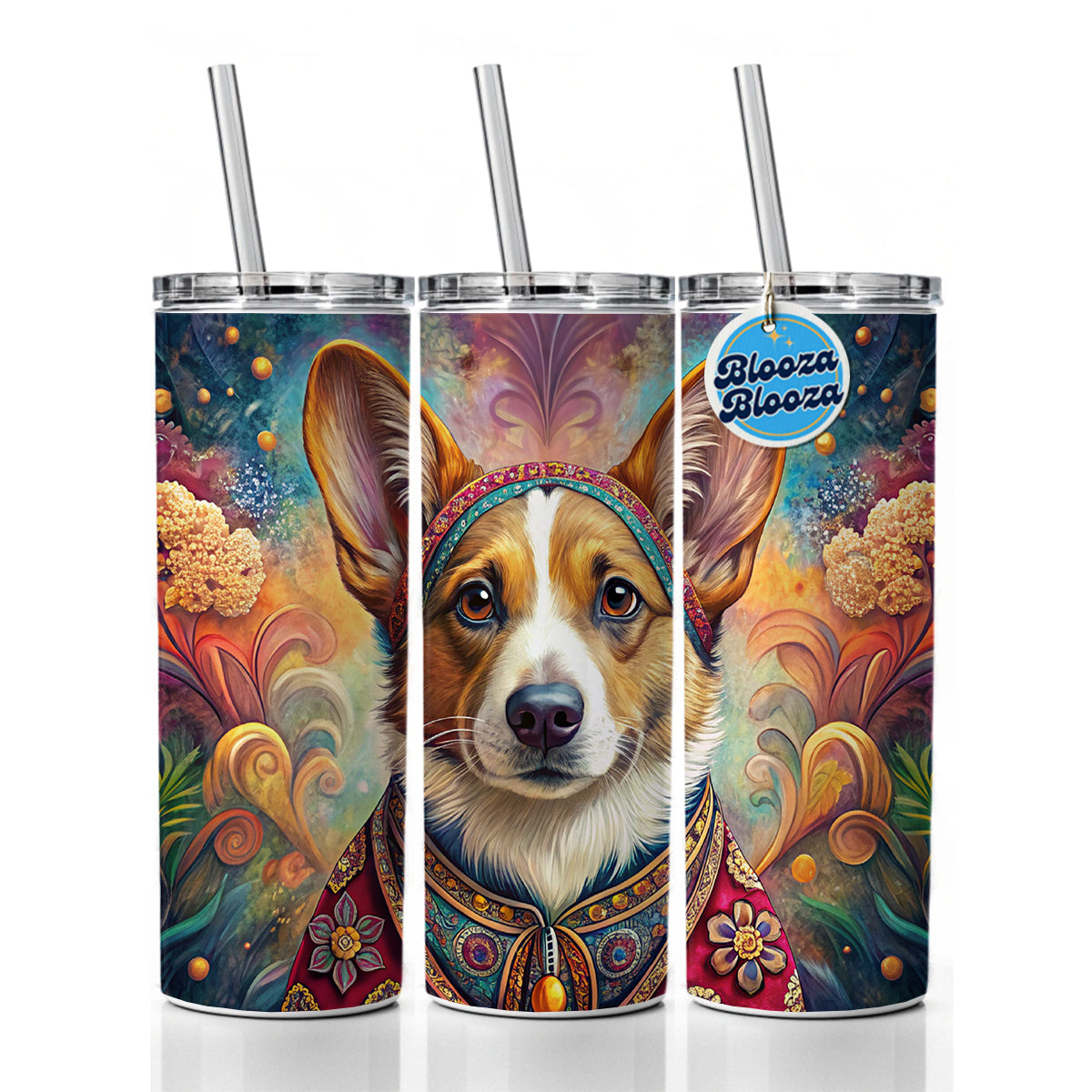 Cardigan Welsh Corgi Dog Bohemian Art Skinny Tumbler 20oz with Straw Insulated Water Bottle Gift