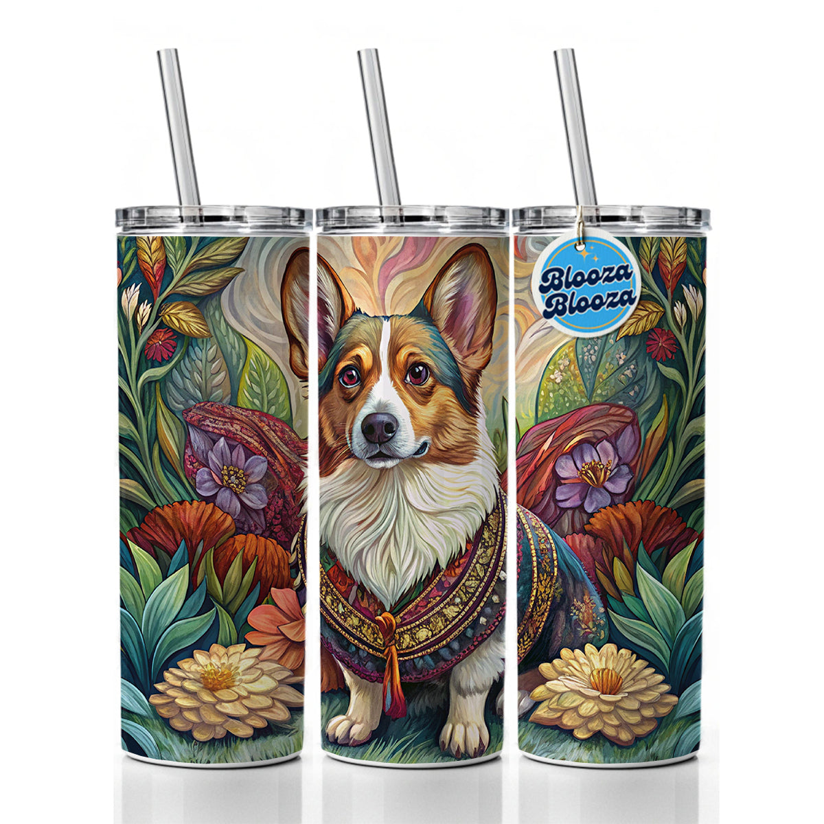 Cardigan Welsh Corgi Dog French Bohemian Art Skinny Tumbler 20oz with Straw Insulated Water Bottle Gift
