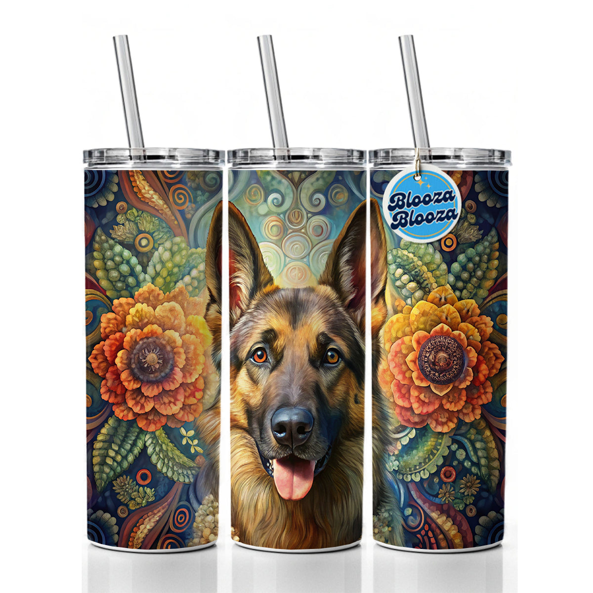 German Shepherd Dog Bohemian Art Skinny Tumbler 20oz with Straw Insulated Water Bottle Gift