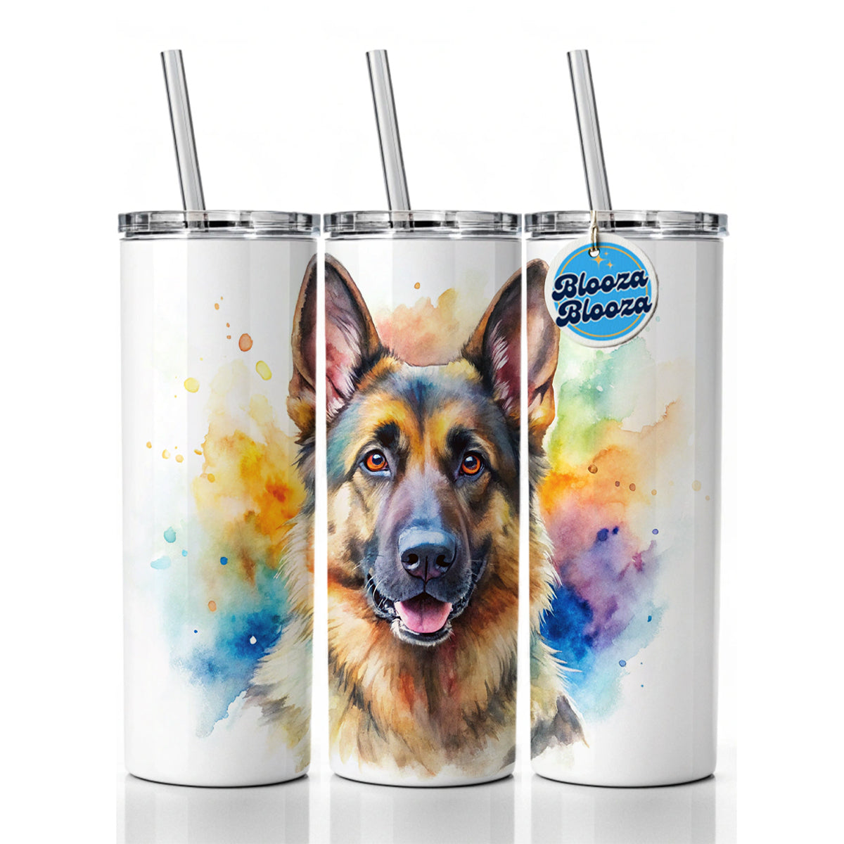 German Shepherd Dog Watercolor Style Skinny Tumbler 20oz with Straw Insulated Water Bottle Gift