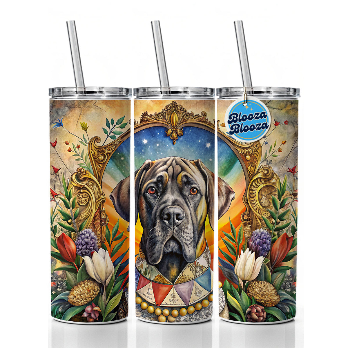 Mastiff Dog French Bohemian Art Skinny Tumbler 20oz with Straw Insulated Water Bottle Gift