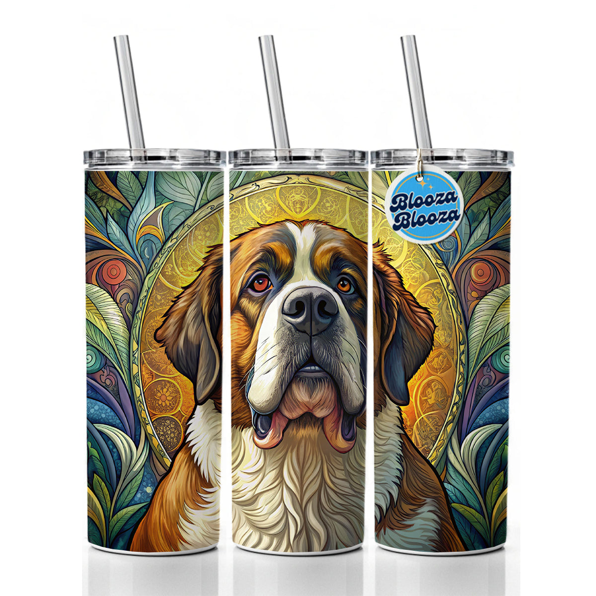 Saint Bernard Dog Art Nouveau Skinny Tumbler 20oz with Straw Insulated Water Bottle Gift