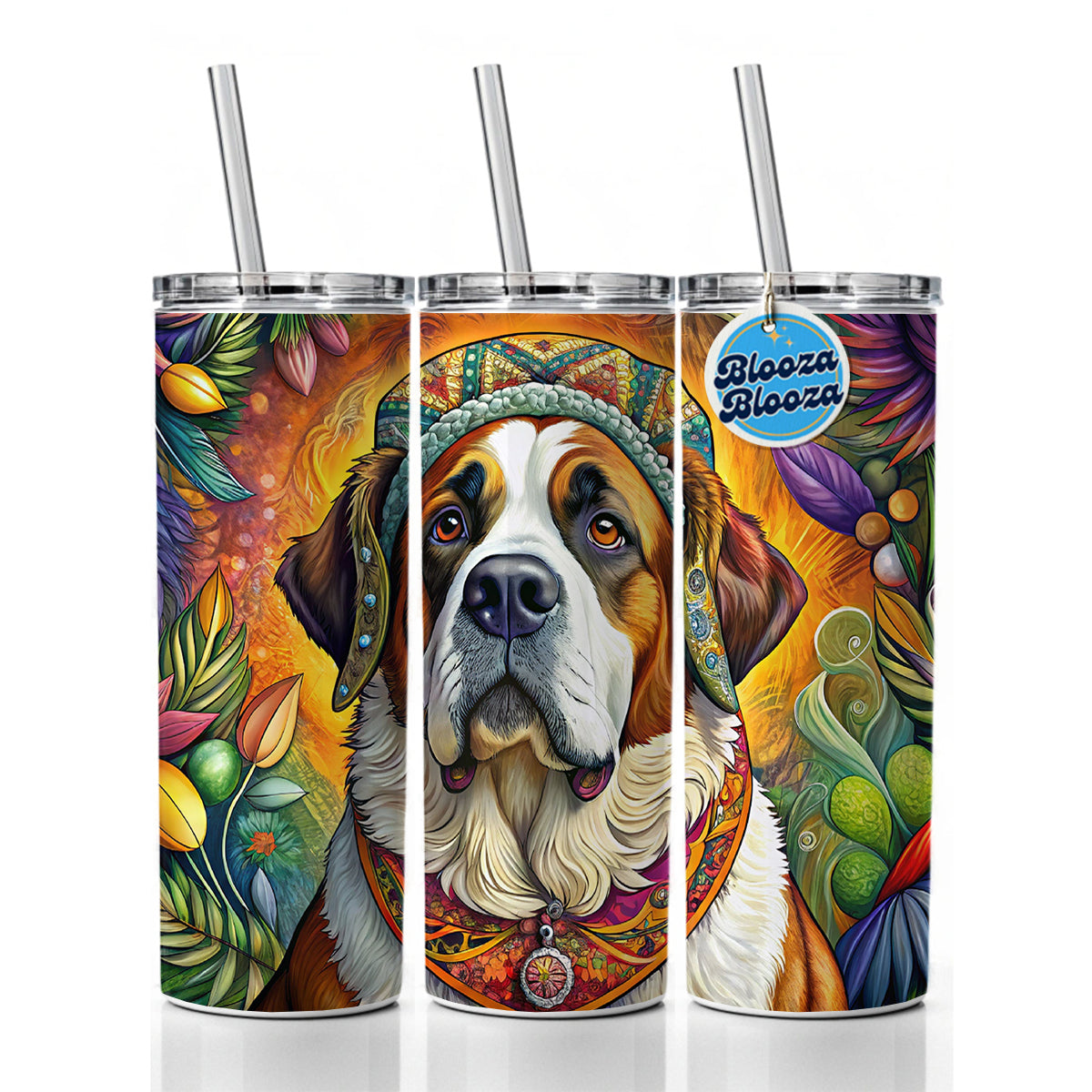 Saint Bernard Dog French Bohemian Art Skinny Tumbler 20oz with Straw Insulated Water Bottle Gift