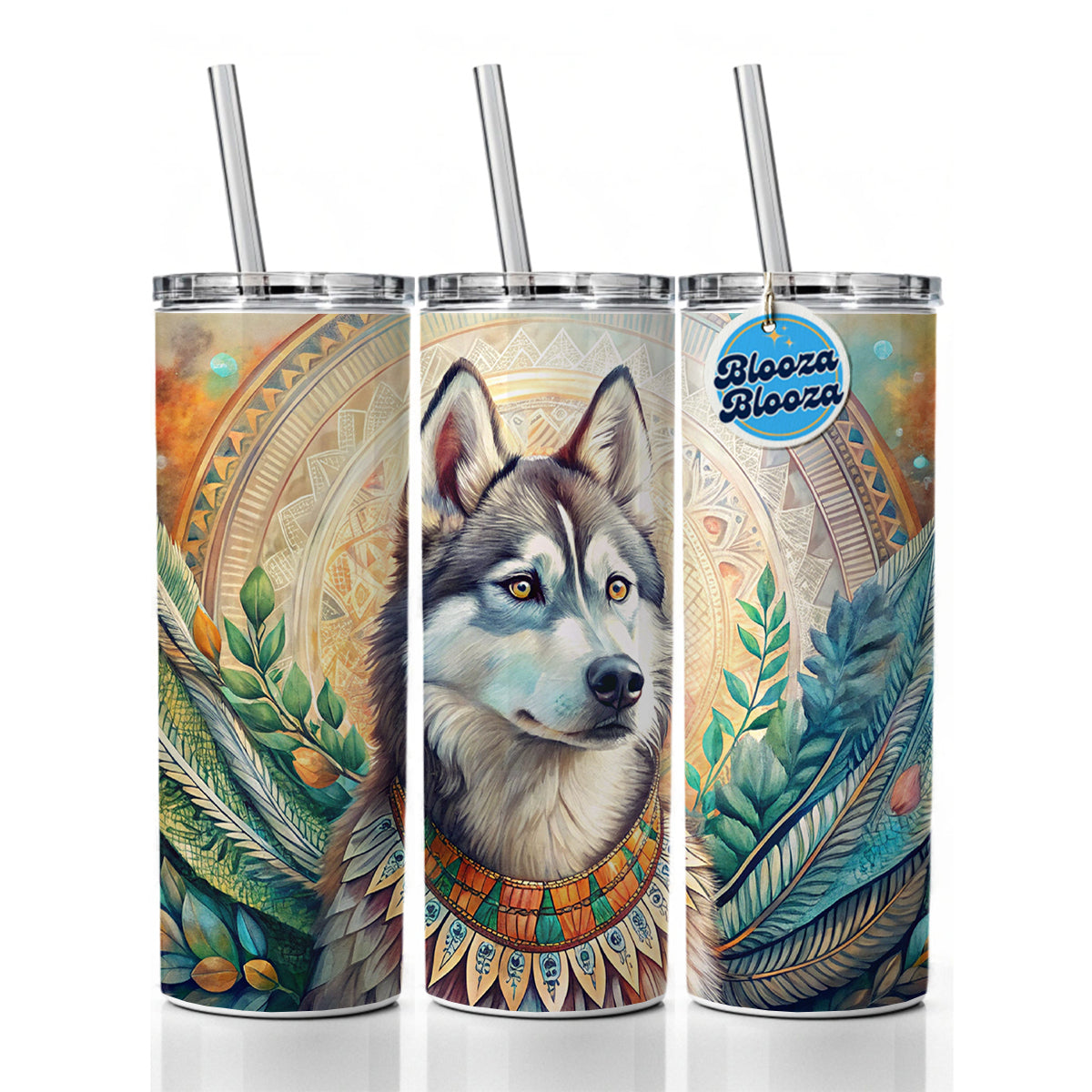 Siberian Husky Dog French Bohemian Art Skinny Tumbler 20oz with Straw Insulated Water Bottle Gift