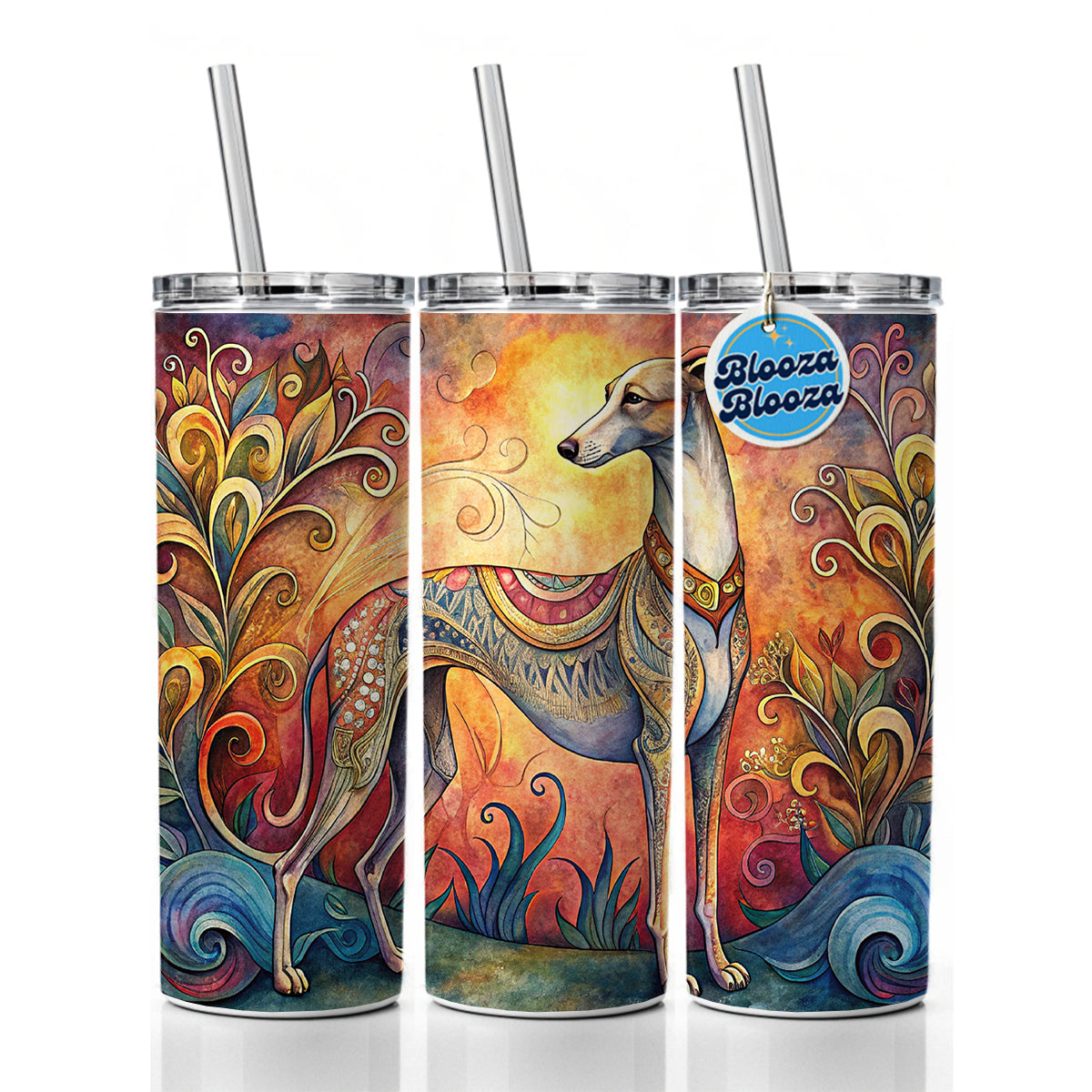 Whippet Dog Bohemian Art Skinny Tumbler 20oz with Straw Insulated Water Bottle Gift