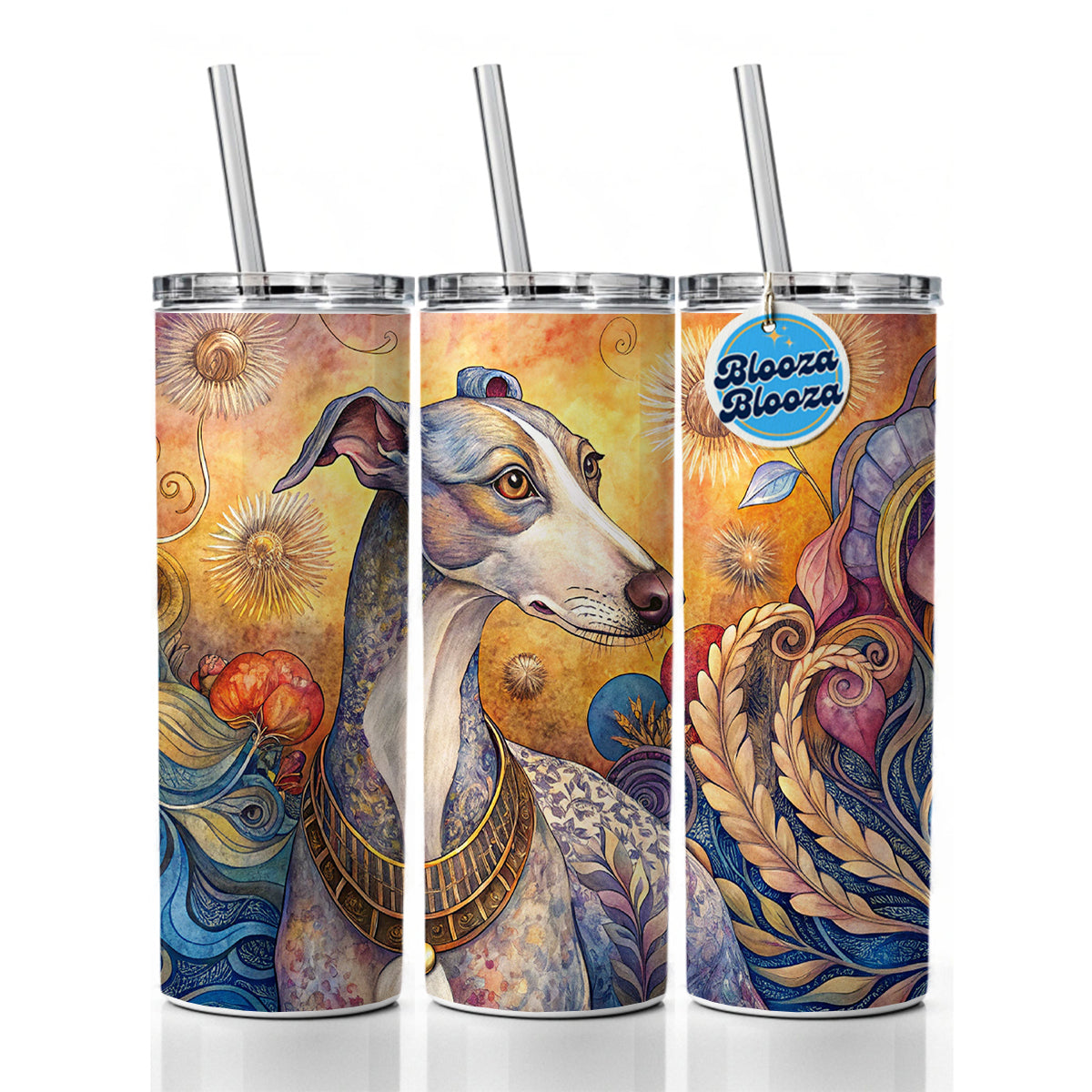 Whippet Dog French Bohemian Art Skinny Tumbler 20oz with Straw Insulated Water Bottle Gift
