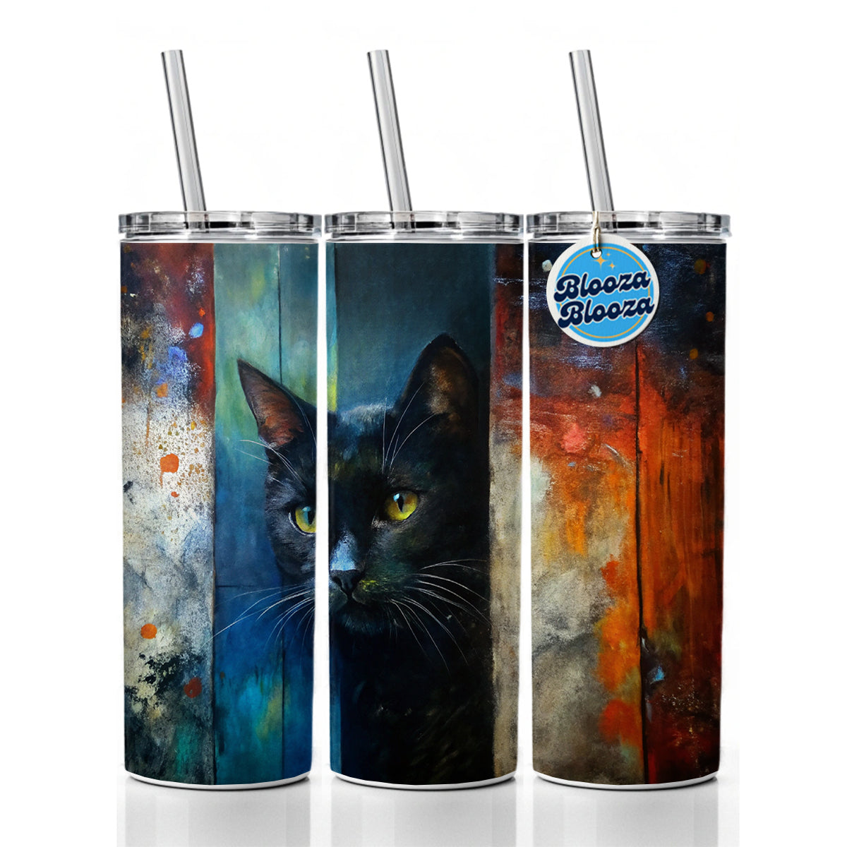 Black Cat Peaking Behind Door Abstract Art Skinny Tumbler 20oz with Straw Insulated Water Bottle Gift