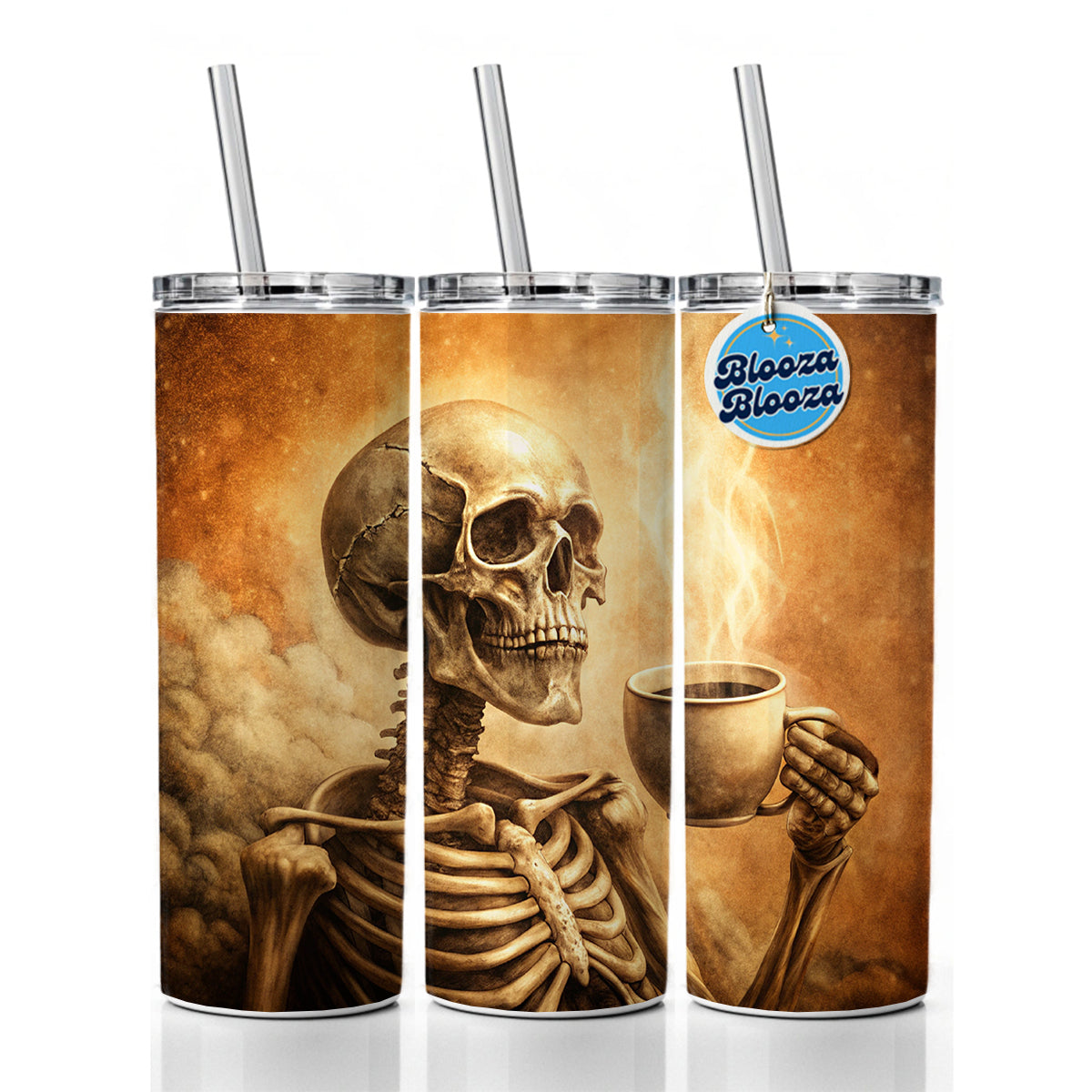 Vintage Skeleton Holding Cup Of Coffee Retro Skinny Tumbler 20oz with Straw Insulated Water Bottle Gift