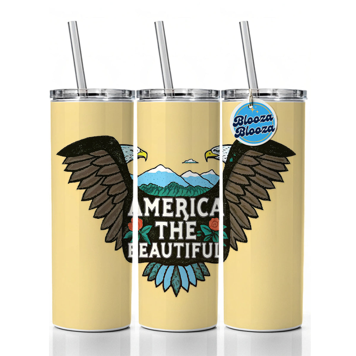 America The Beautiful Eagle Wings USA Skinny Tumbler 20oz with Straw Insulated Water Bottle Gift