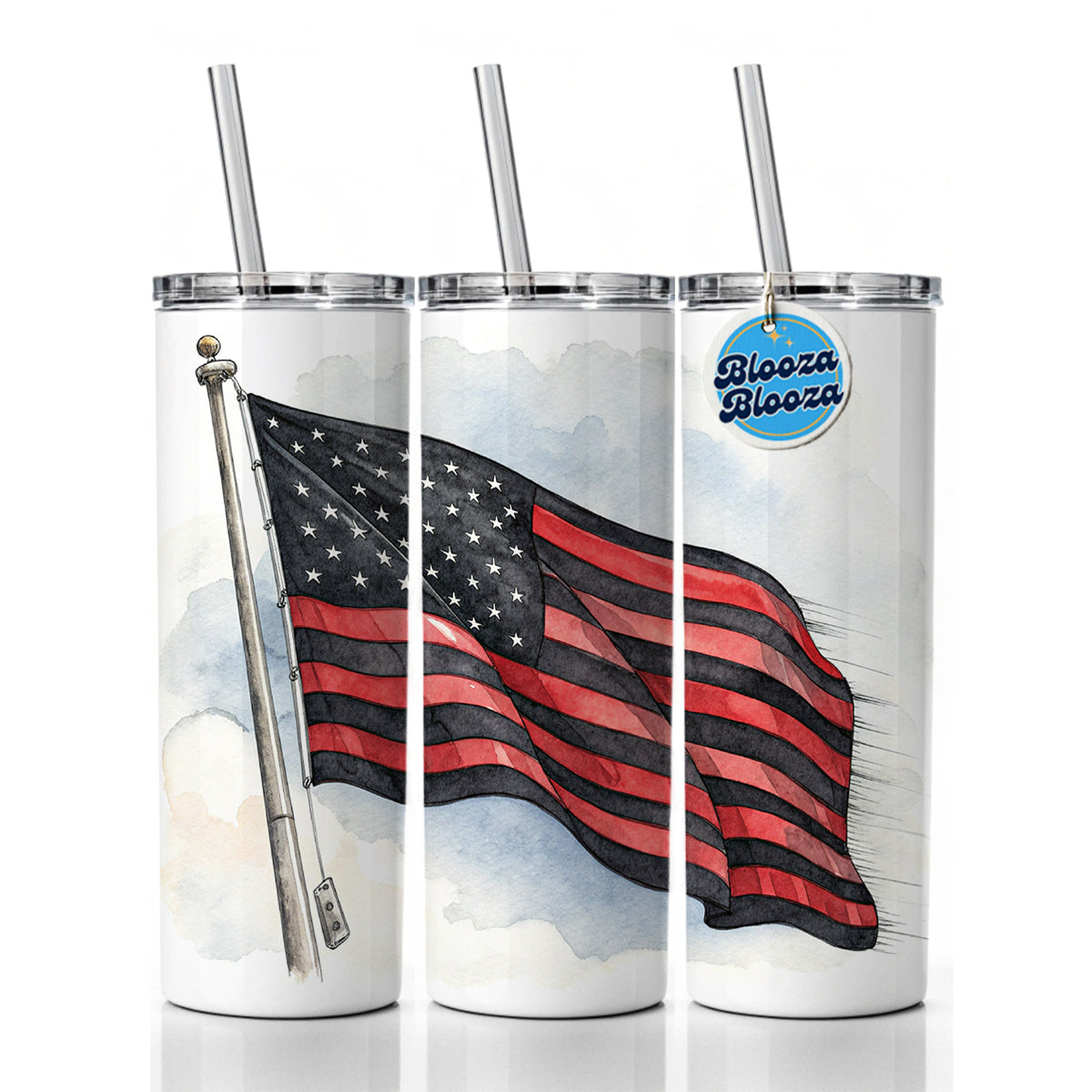 Black Red Waving American Flag Watercolor USA United States Skinny Tumbler 20oz with Straw Insulated Water Bottle Gift