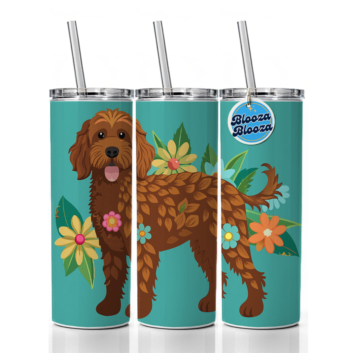 Brown Labradoodle Floral Motif Dog Skinny Tumbler 20oz with Straw Insulated Water Bottle Gift
