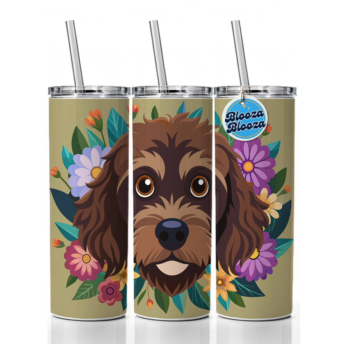 Brown Labradoodle Head Floral Motif Dog Cute Skinny Tumbler 20oz with Straw Insulated Water Bottle Gift