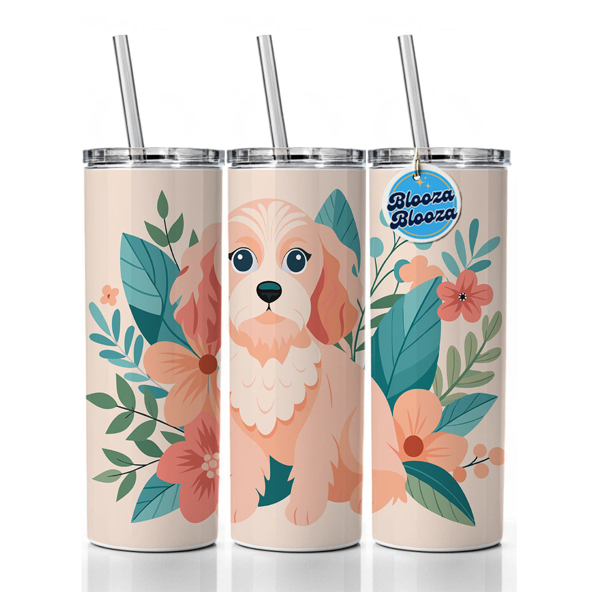 Cavapoo Floral Motif Pink Dog Skinny Tumbler 20oz with Straw Insulated Water Bottle Gift