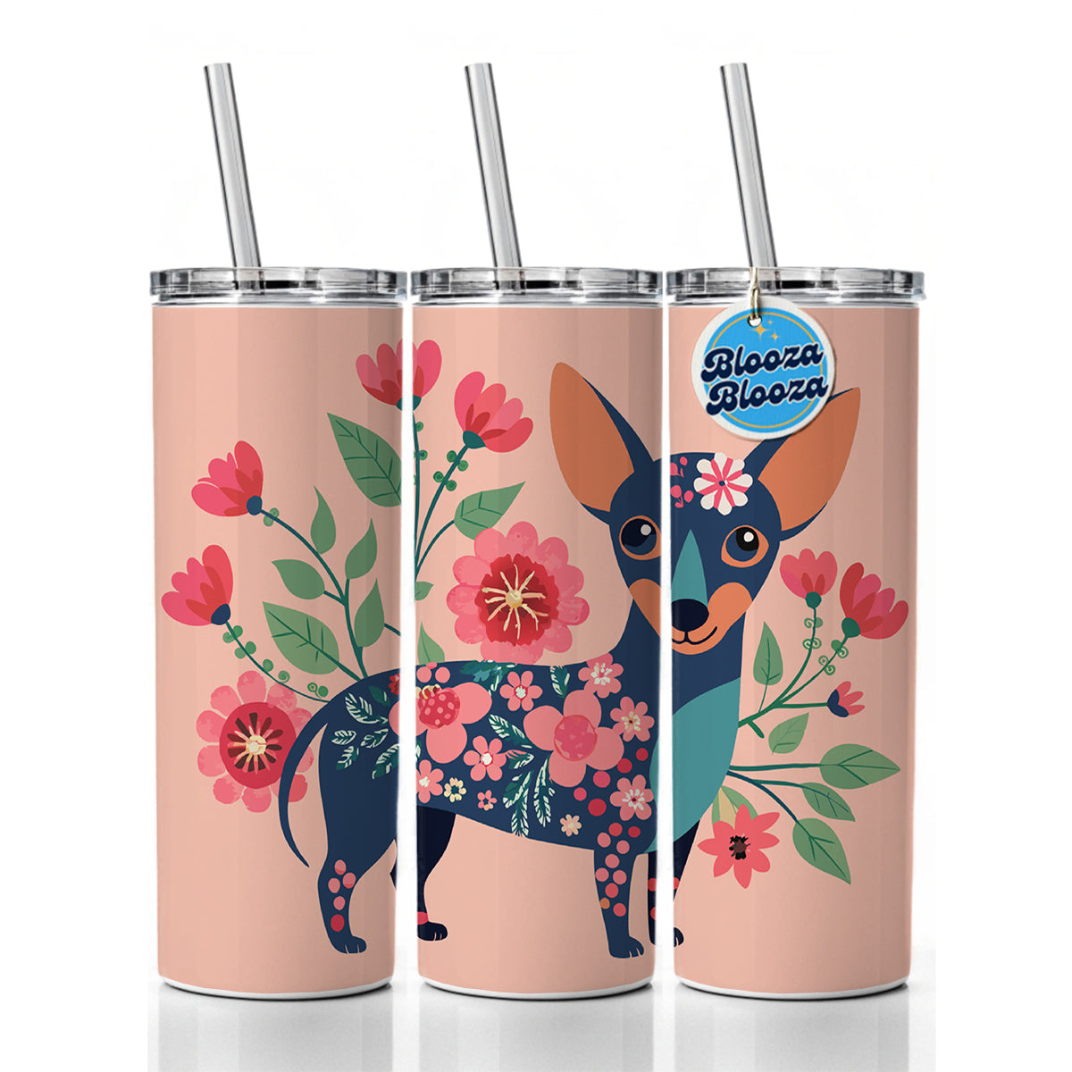 Chiweenie Floral Motif Pink Cute Dog Skinny Tumbler 20oz with Straw Insulated Water Bottle Gift