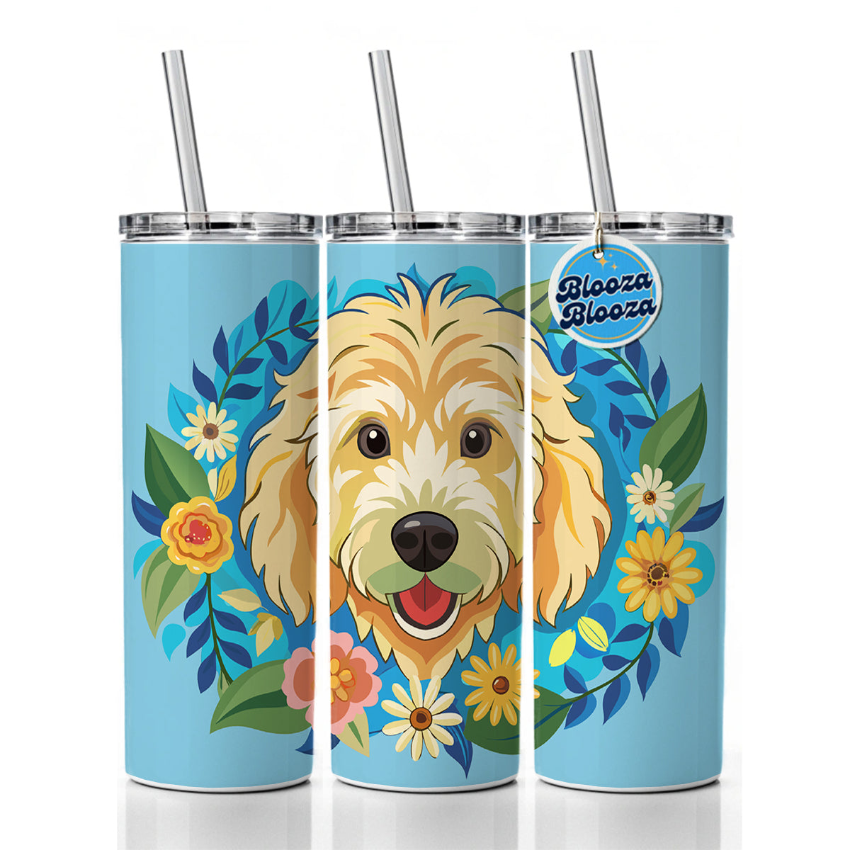 Golden Doodle Head Floral Motif Blue Background Dog Skinny Tumbler 20oz with Straw Insulated Water Bottle Gift