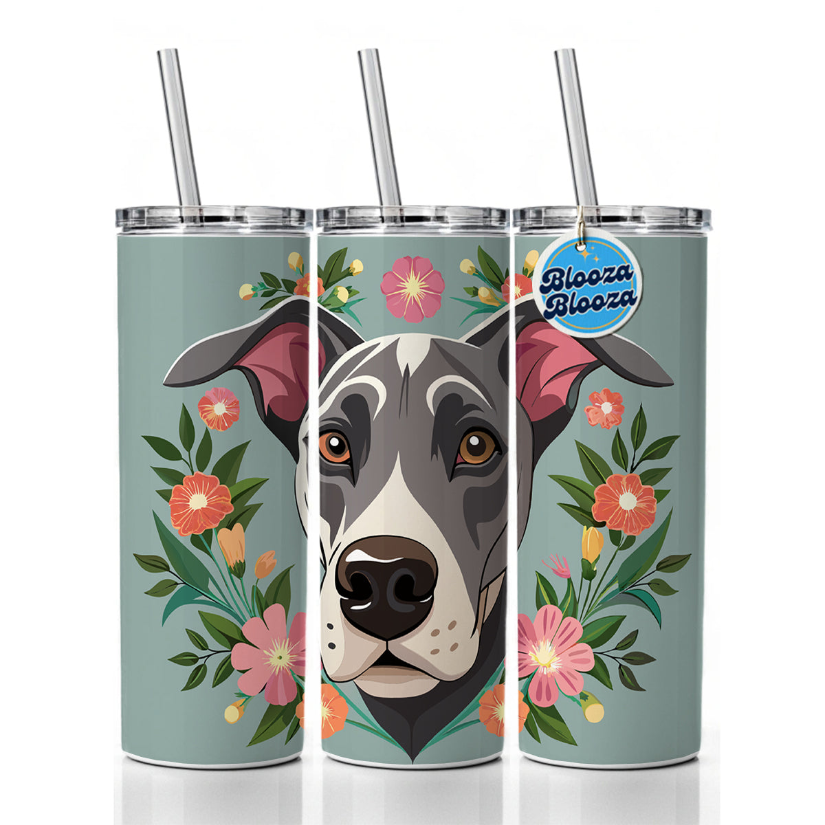 Great Dane Head Floral Motif Gray Dog Skinny Tumbler 20oz with Straw Insulated Water Bottle Gift