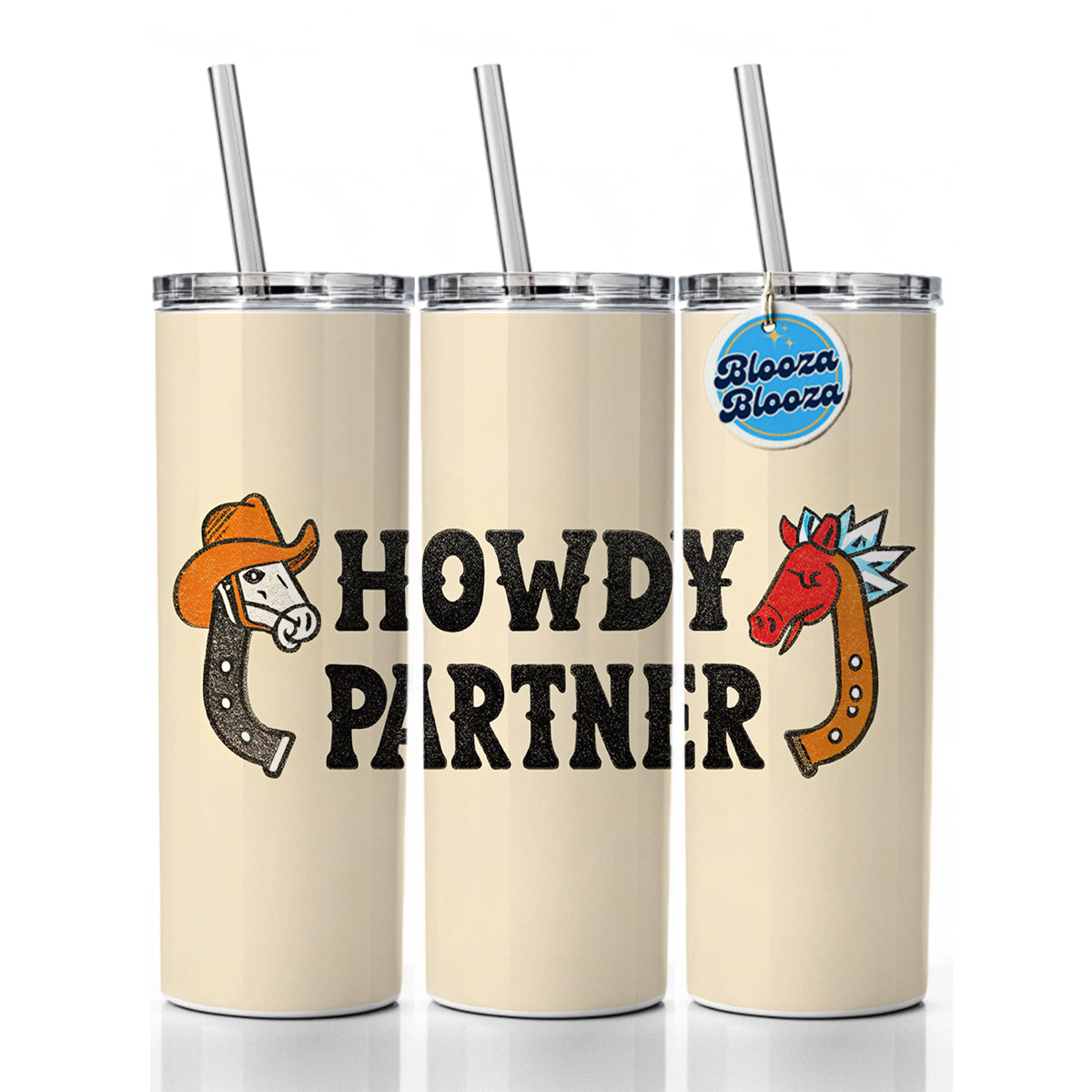 Howdy Partner Country Cowboy Cowgirl Cute Skinny Tumbler 20oz with Straw Insulated Water Bottle Gift