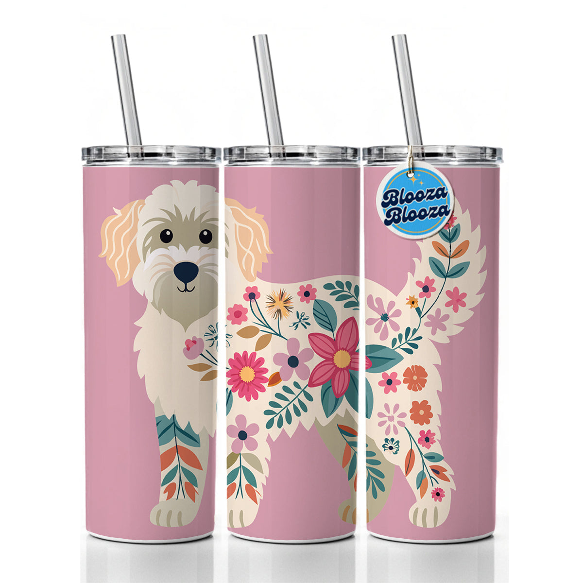 Labradoodle Floral Motif Pink Cute Dog Skinny Tumbler 20oz with Straw Insulated Water Bottle Gift