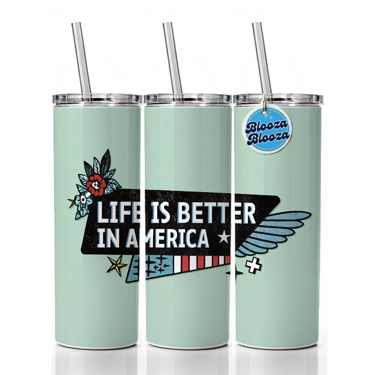 Life Is Better In America USA United States Skinny Tumbler 20oz with Straw Insulated Water Bottle Gift