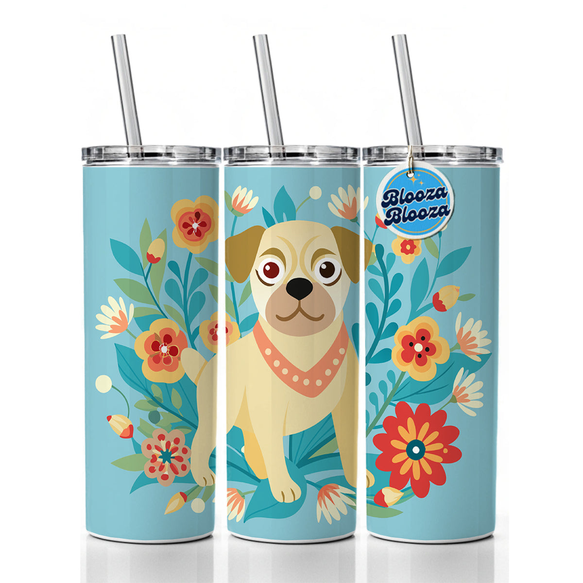 Puggle Floral Motif Blue Dog Skinny Tumbler 20oz with Straw Insulated Water Bottle Gift