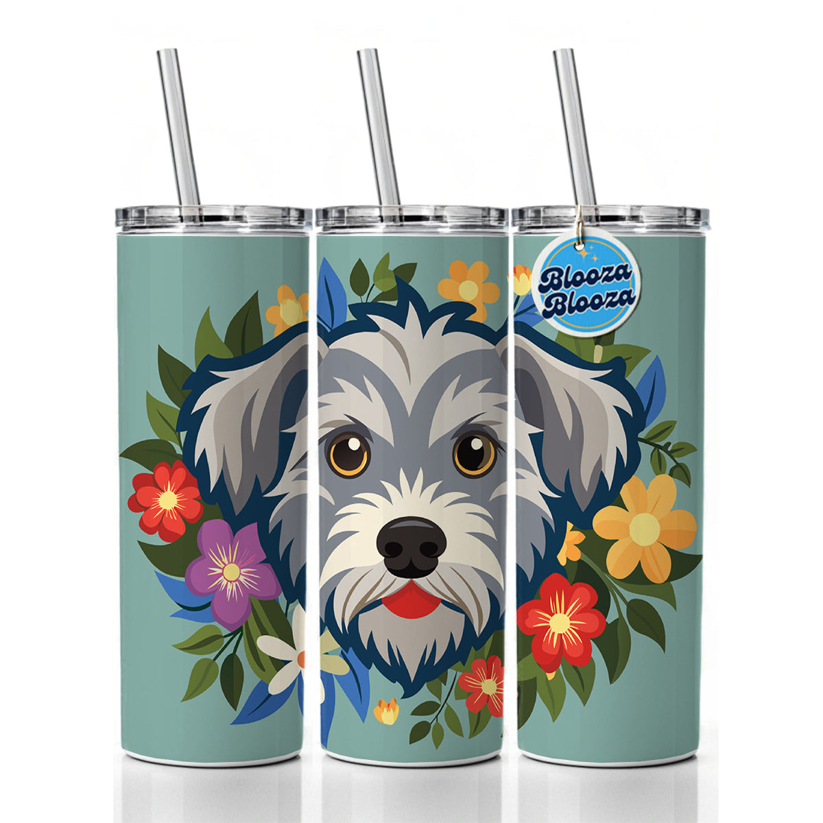 Schnoodle Head Floral Motif Skinny Tumbler 20oz with Straw Insulated Water Bottle Gift