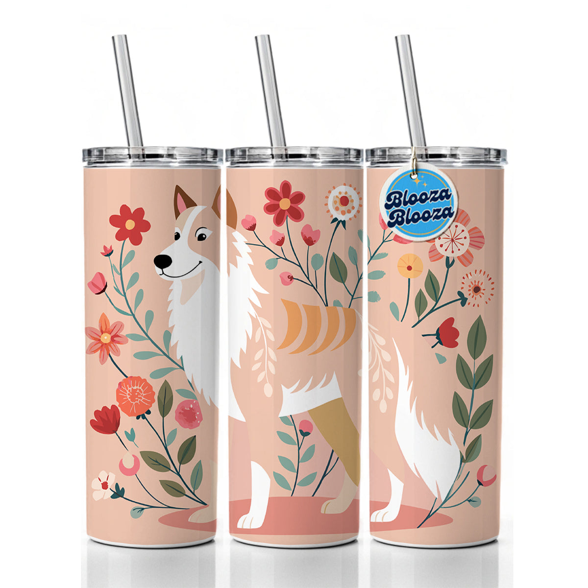 Siberian Retriever Floral Motif Dog Cute Skinny Tumbler 20oz with Straw Insulated Water Bottle Gift