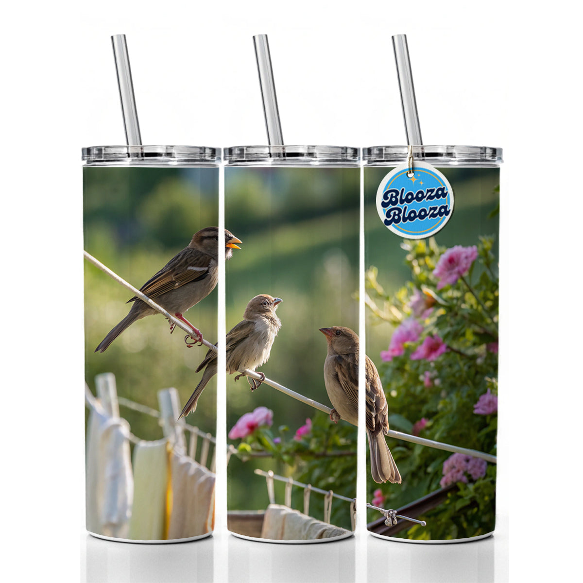 Birds On A Clothesline Skinny Tumbler 20oz with Straw Insulated Water Bottle Gift