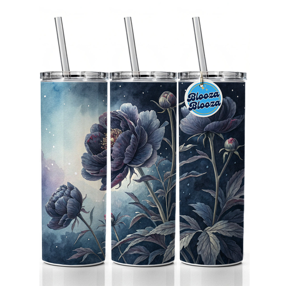 Black Peony Flowers Skinny Tumbler 20oz with Straw Insulated Water Bottle Gift