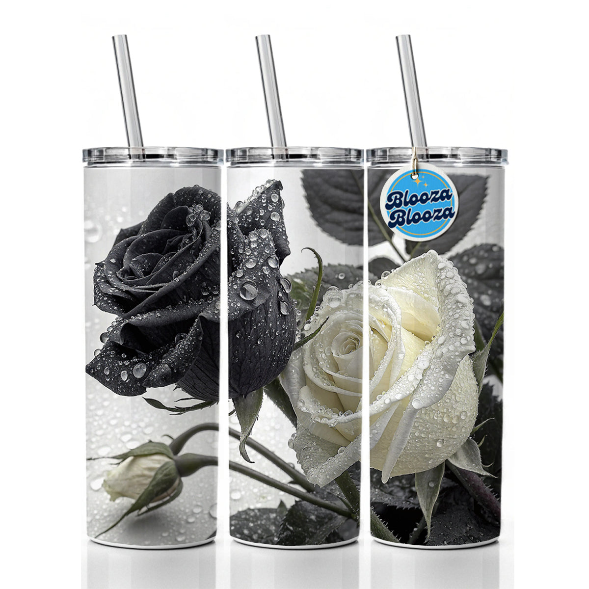 Black White Roses Dewy Skinny Tumbler 20oz with Straw Insulated Water Bottle Gift