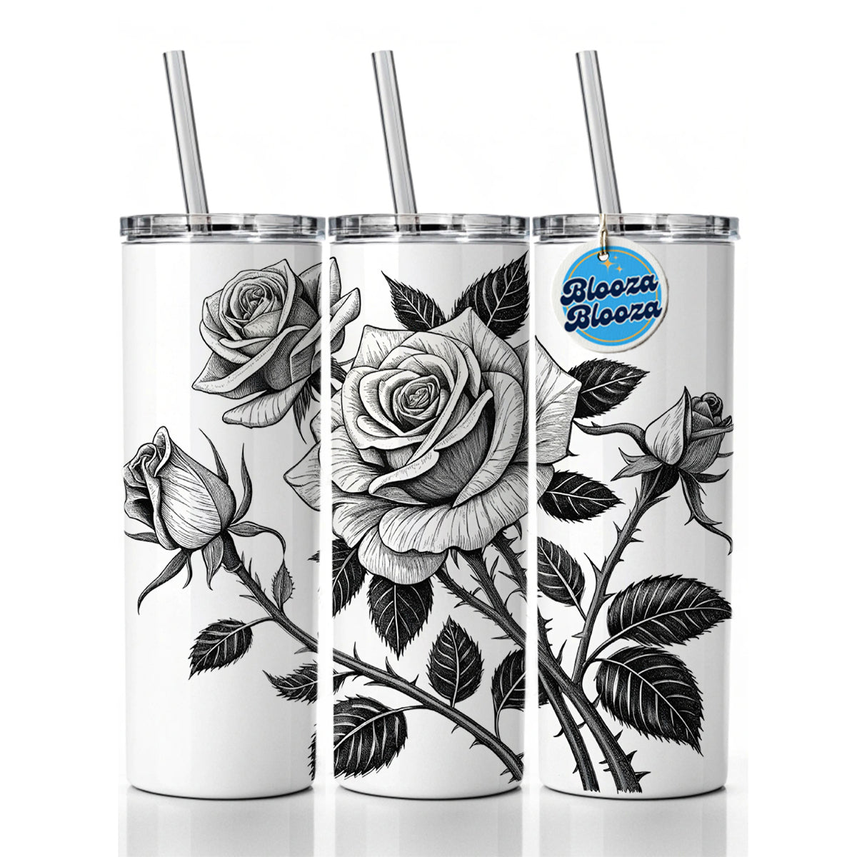 Black White Roses Skinny Tumbler 20oz with Straw Insulated Water Bottle Gift