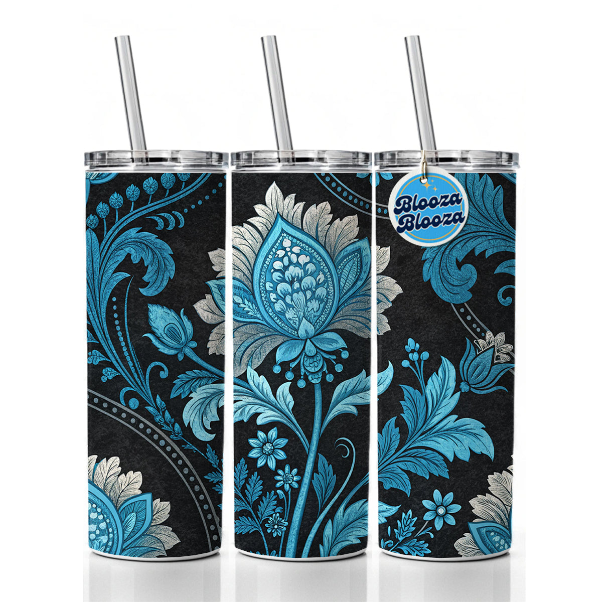 Blue Damask On Black Skinny Tumbler 20oz with Straw Insulated Water Bottle Gift