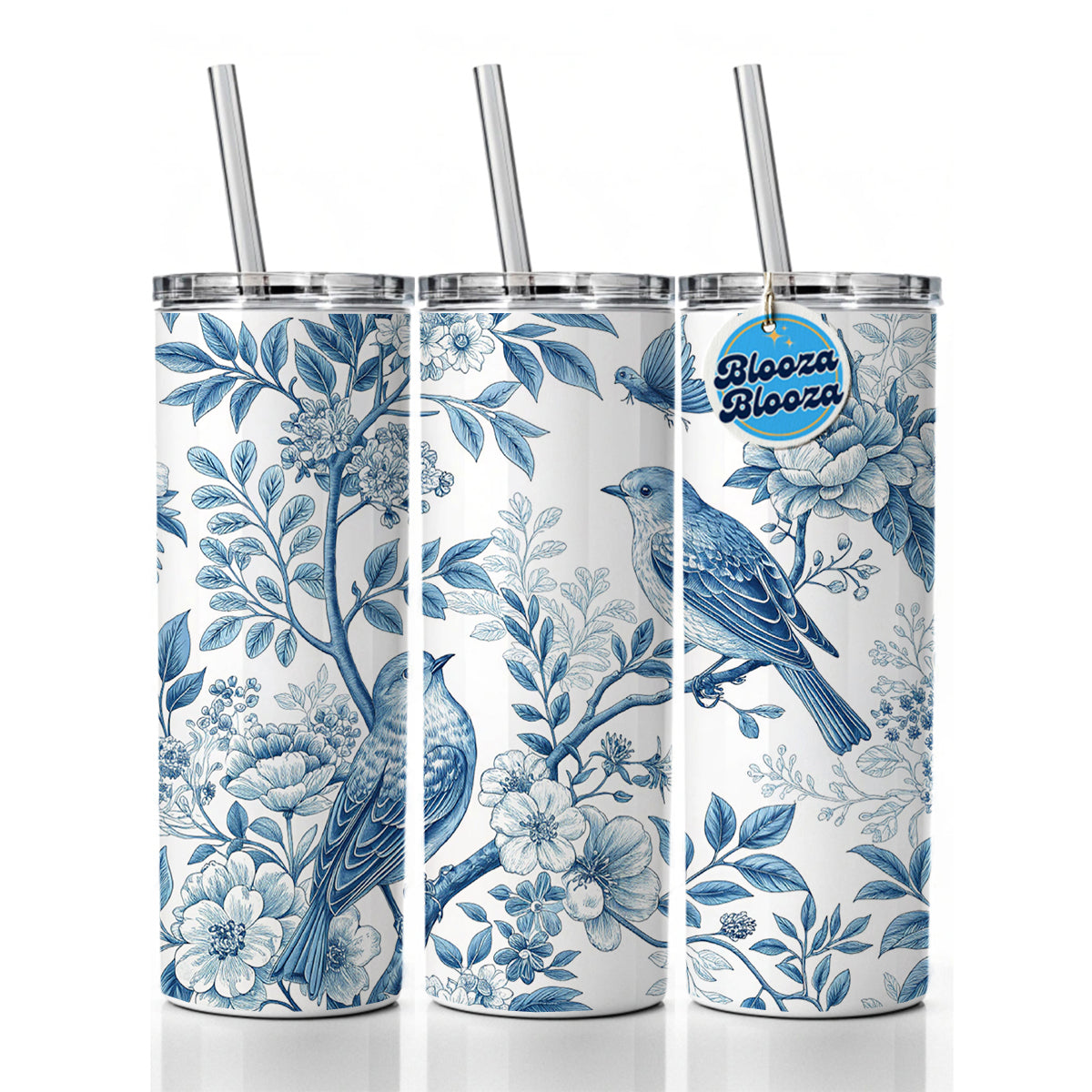 Blue On White Toile With Birds Skinny Tumbler 20oz with Straw Insulated Water Bottle Gift