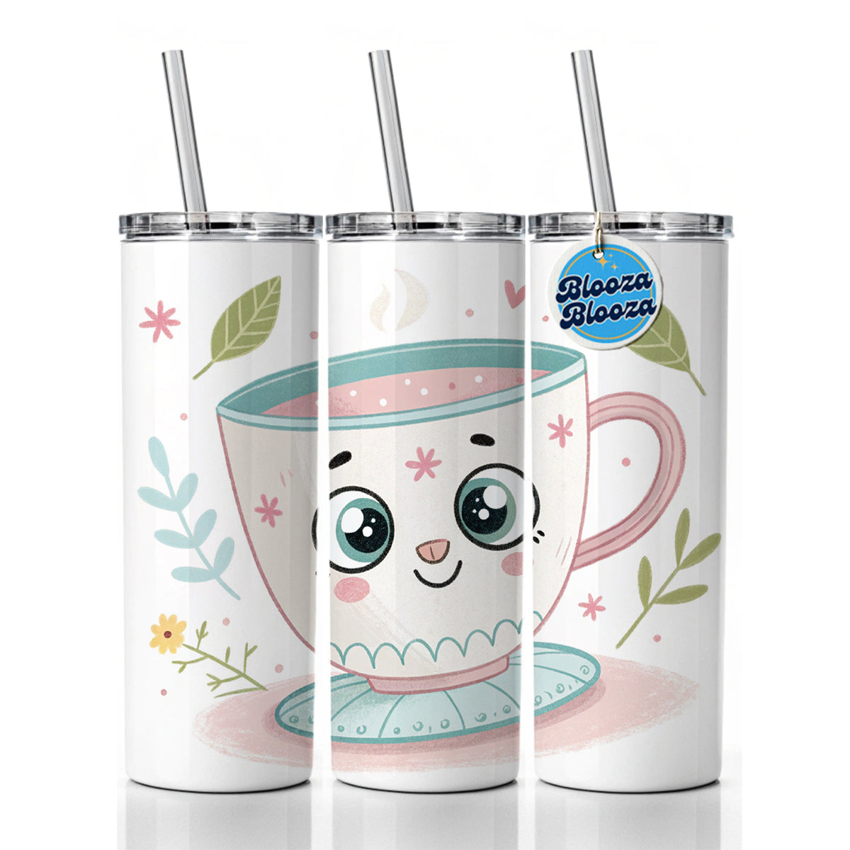 Kawaii Tea Cup Skinny Tumbler 20oz with Straw Insulated Water Bottle Gift