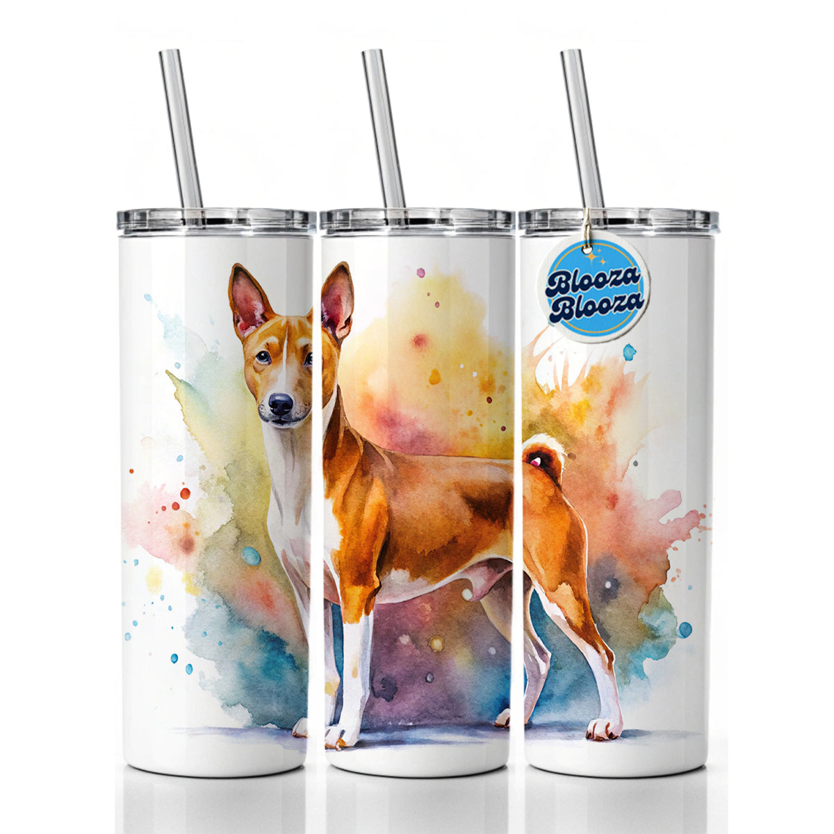 Basenji Dog Watercolor Style Skinny Tumbler 20oz with Straw Insulated Water Bottle Gift