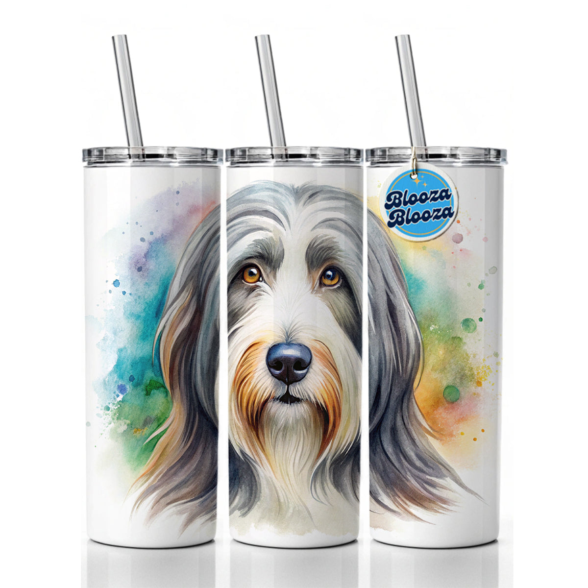 Bearded Collie Dog Watercolor Style Skinny Tumbler 20oz with Straw Insulated Water Bottle Gift