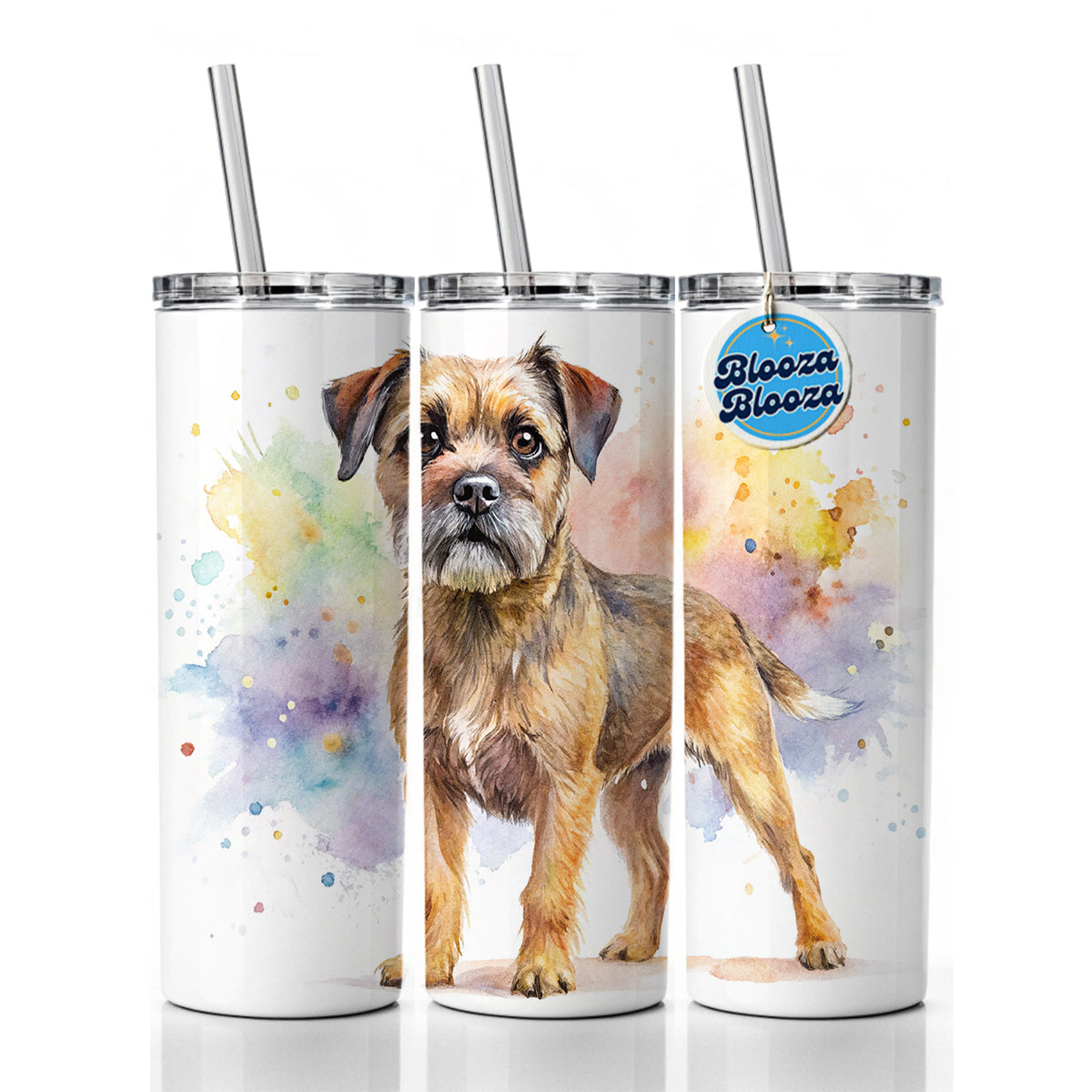 Border Terrier Dog Watercolor Style Skinny Tumbler 20oz with Straw Insulated Water Bottle Gift