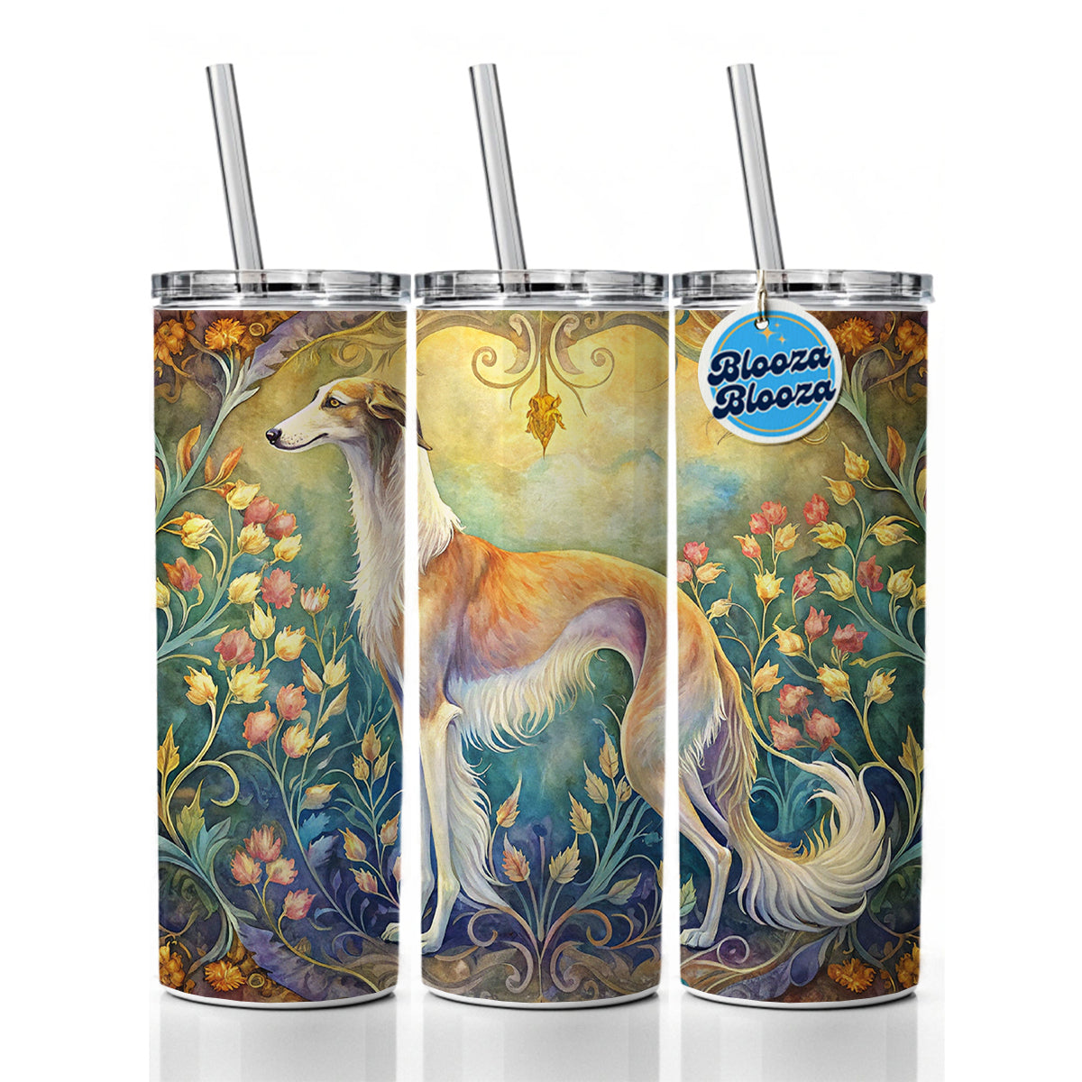 Borzoi Dog Art Nouveau Skinny Tumbler 20oz with Straw Insulated Water Bottle Gift