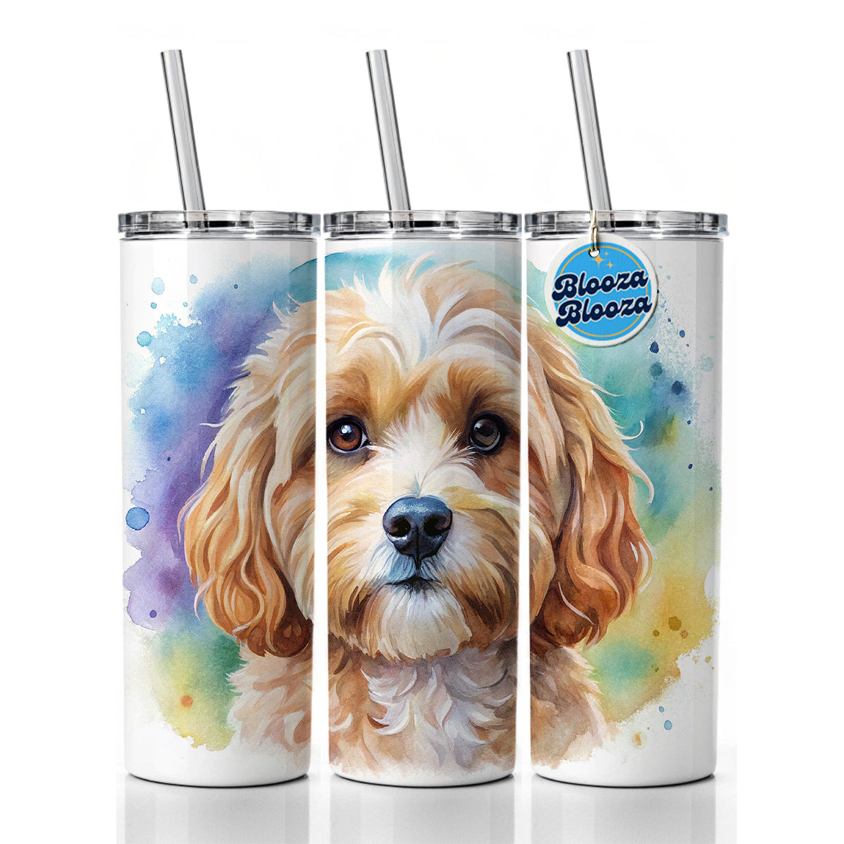 Cavapoo Dog Watercolor Style Skinny Tumbler 20oz with Straw Insulated Water Bottle Gift