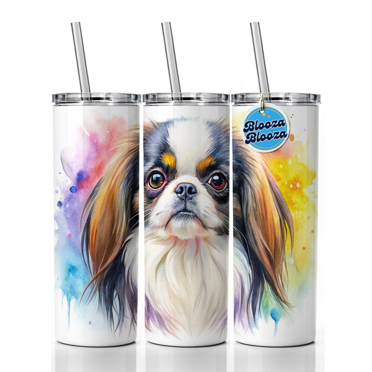 Japanese Chin Dog Watercolor Style Skinny Tumbler 20oz with Straw Insulated Water Bottle Gift