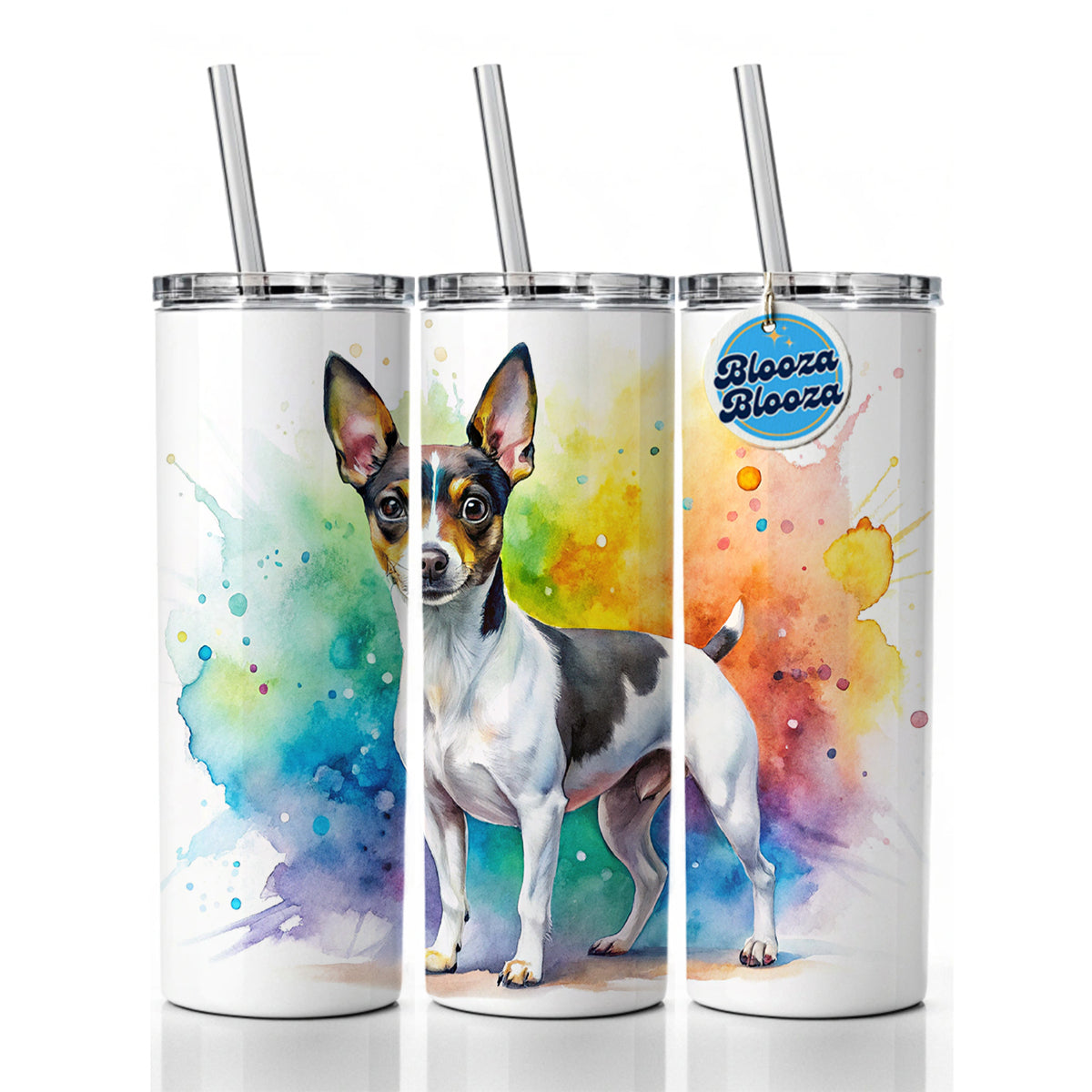 Rat Terrier Dog Watercolor Style Skinny Tumbler 20oz with Straw Insulated Water Bottle Gift