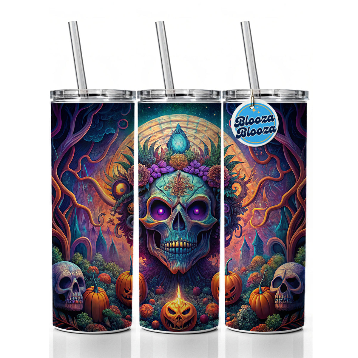 Psychedelic Halloween Skulls Pumpkins Vibrant Colors Skinny Tumbler 20oz with Straw Insulated Water Bottle Gift