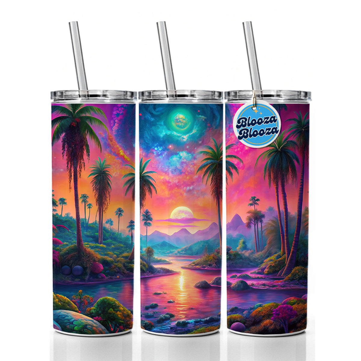 Psychedelic Tropical Palm Trees Colorful Scene Skinny Tumbler 20oz with Straw Insulated Water Bottle Gift