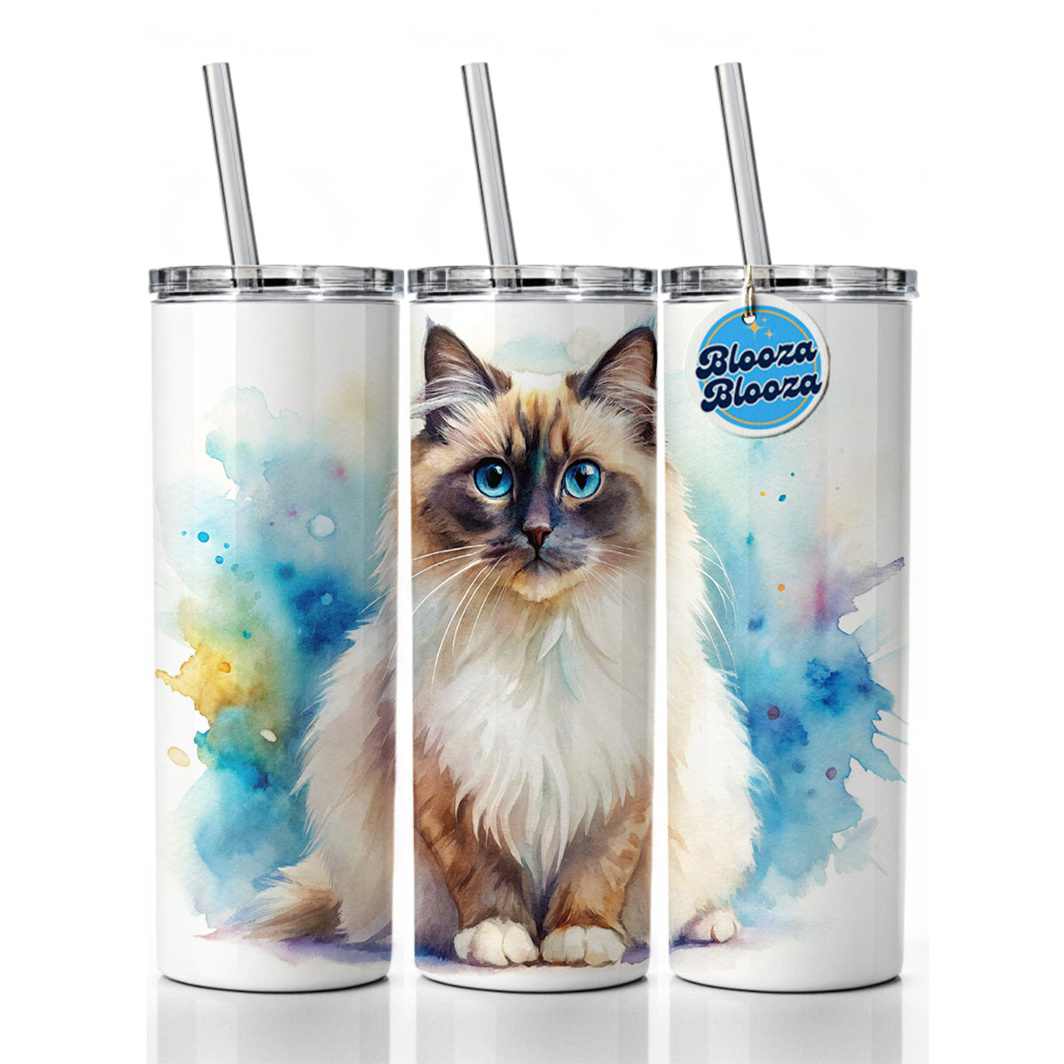 Birman Cat Watercolor Style Skinny Tumbler 20oz with Straw Insulated Water Bottle Gift