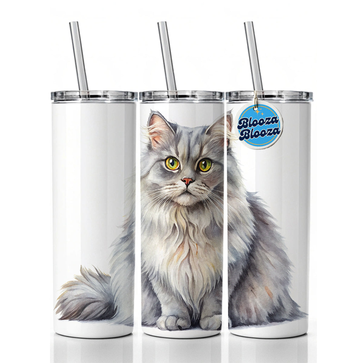 British Longhair Gray Cat Watercolor Style Skinny Tumbler 20oz with Straw Insulated Water Bottle Gift