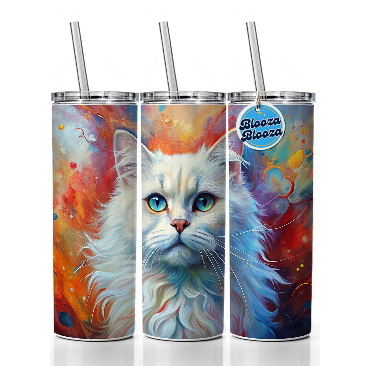 British Longhair White Cat Abstract Art Skinny Tumbler 20oz with Straw Insulated Water Bottle Gift